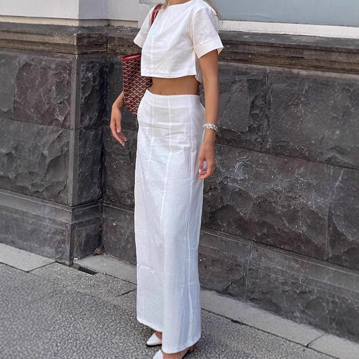 White cotton and linen round neck crop top vest long skirt set