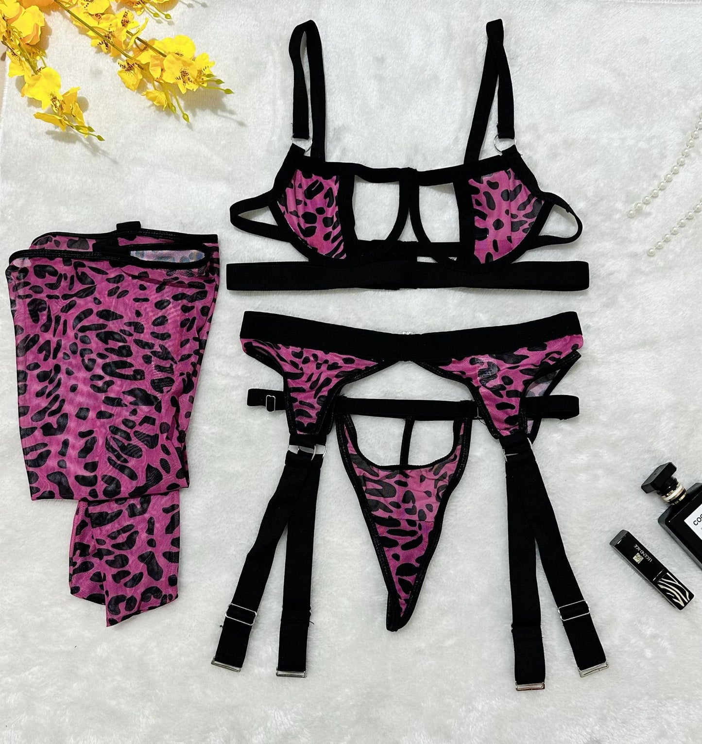 Wild Leopard Print Mesh Hollow-out Sexy Lingerie Four-piece Set with Thigh-high Socks