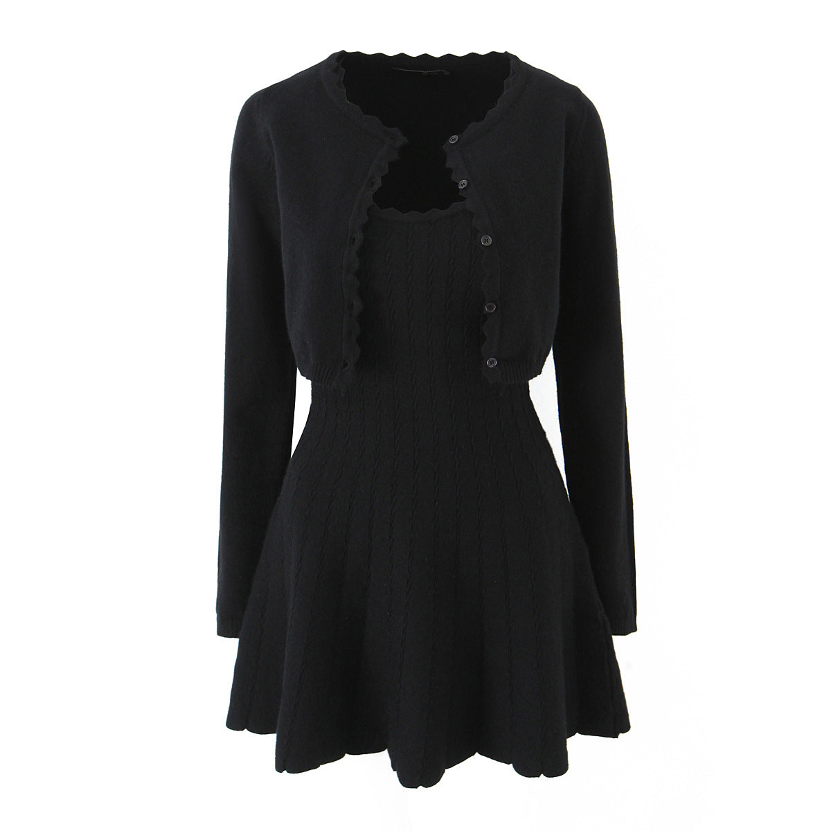 Two piece set of wavy edge knitted sweater with waistband and suspender dress