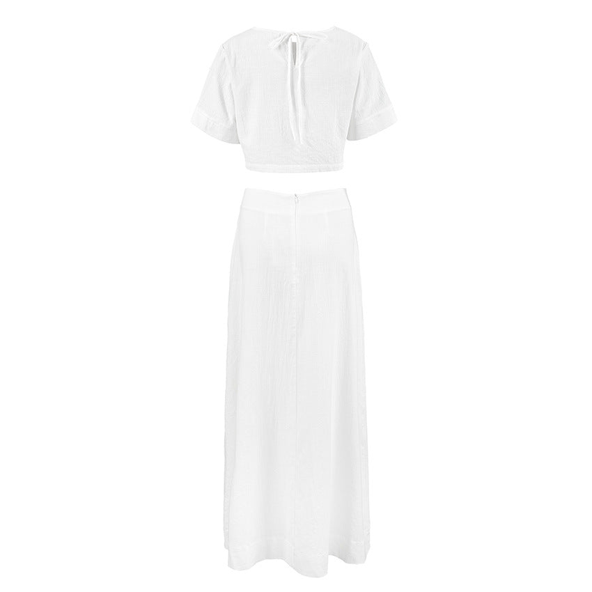 White cotton and linen round neck crop top vest long skirt set