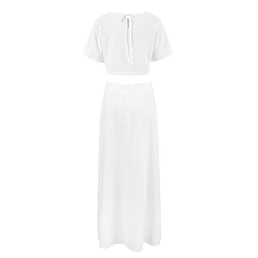 White cotton and linen round neck crop top vest long skirt set