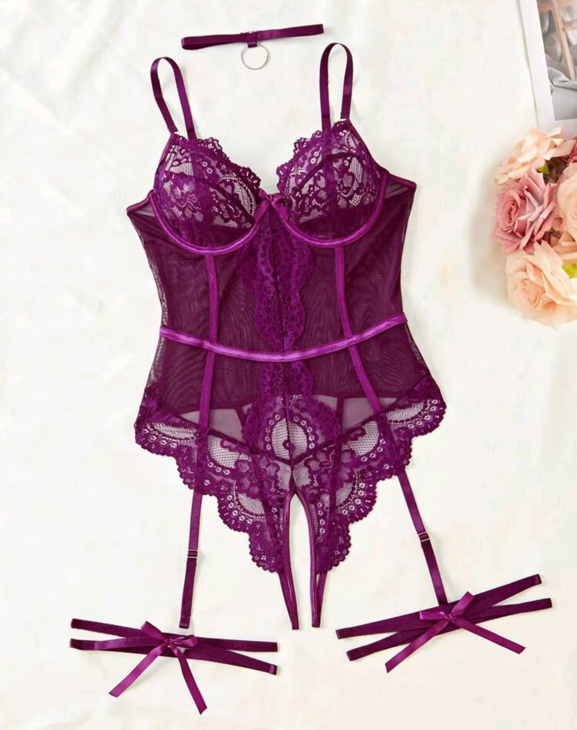 Lace Suspender Girdle Waist-Cinching Bodysuit French Style Shapewear Sexy Bedwear Set