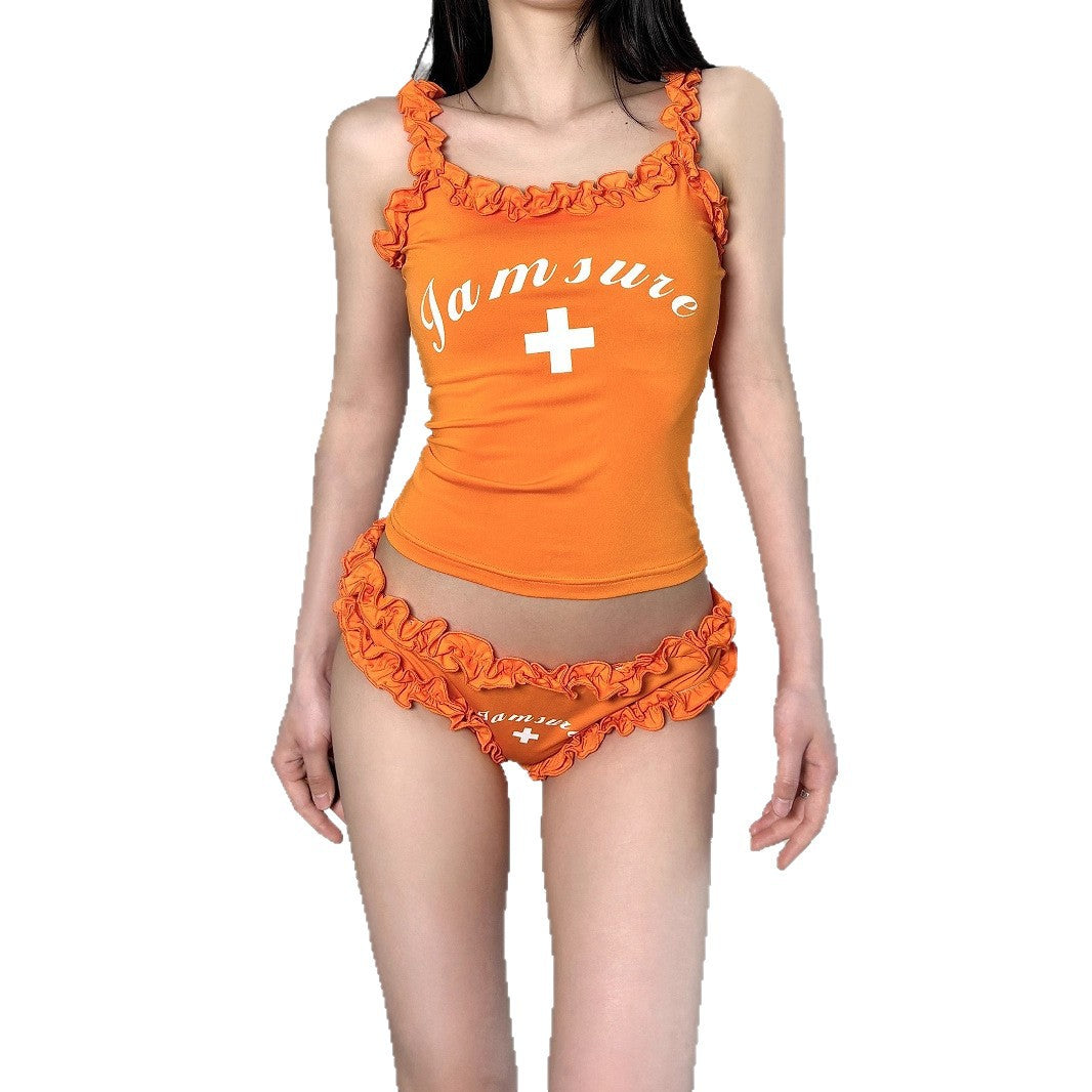 Vacation Style  Spicy Girl Letter Print Bikini Set Lace Trim Strapless Top Low Waist Triangle Pants