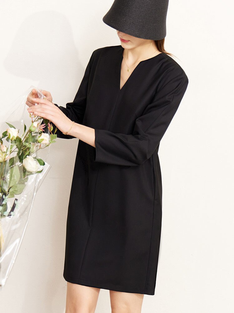 Fashion Women's Dress New V-neck Loose Solid Color Wrist Sleeve Above Knee Dresses Female Temperament Autumn