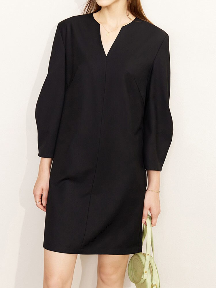 Fashion Women's Dress New V-neck Loose Solid Color Wrist Sleeve Above Knee Dresses Female Temperament Autumn