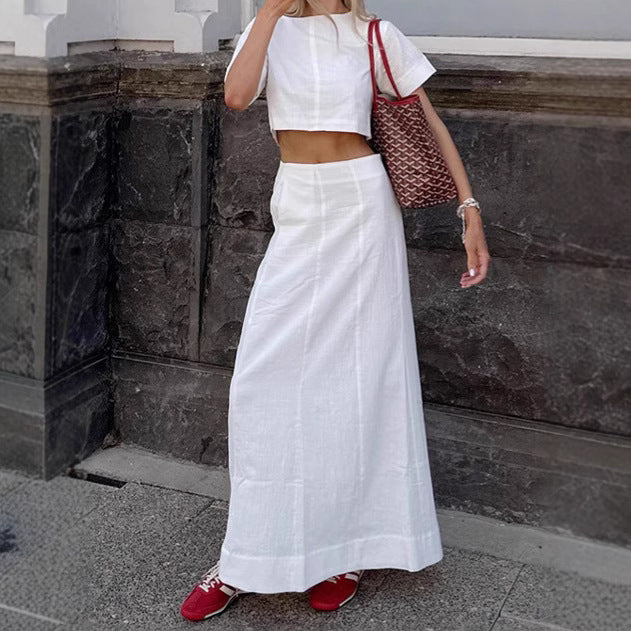 White cotton and linen round neck crop top vest long skirt set