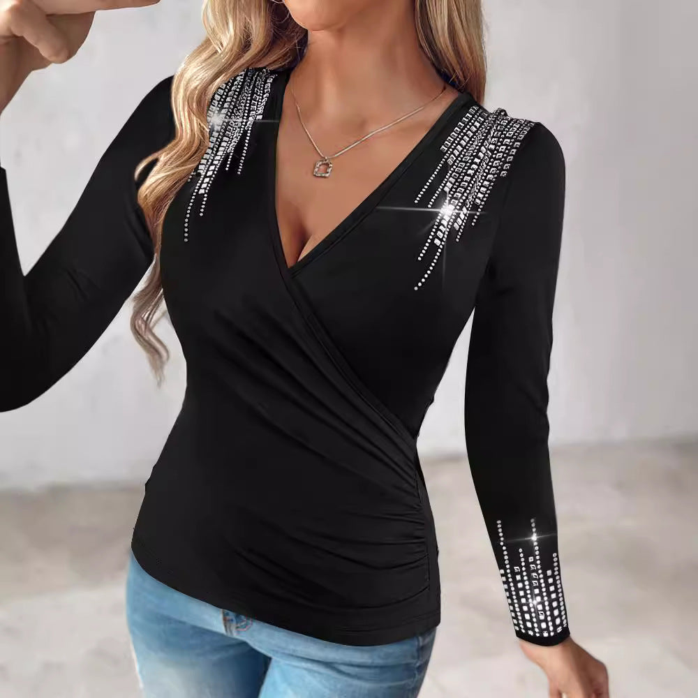 Hot pressed diamond cross long sleeved black top