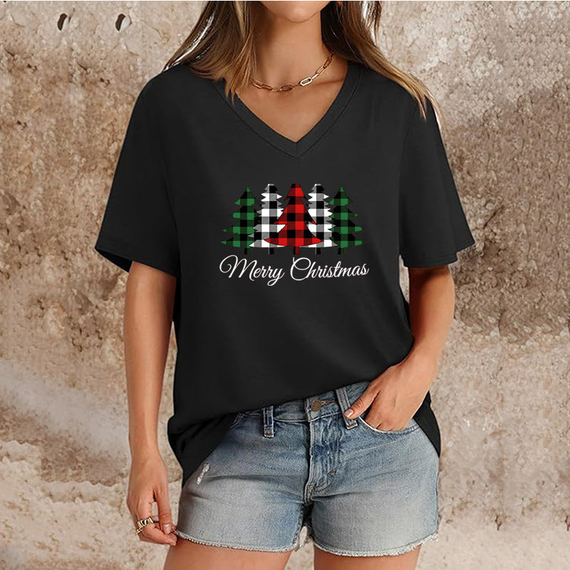 Women's Top V-neck Short Sleeve Pure Color Ladies' Christmas V-neck T-shirt