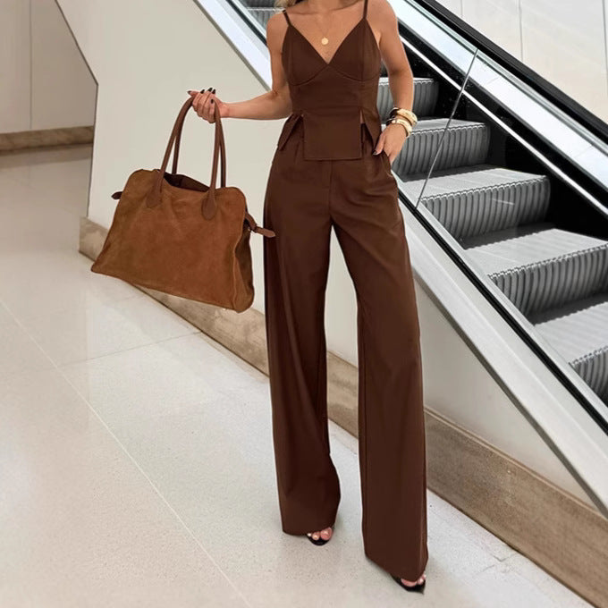 Sleeveless camisole V-neck split vest pants set