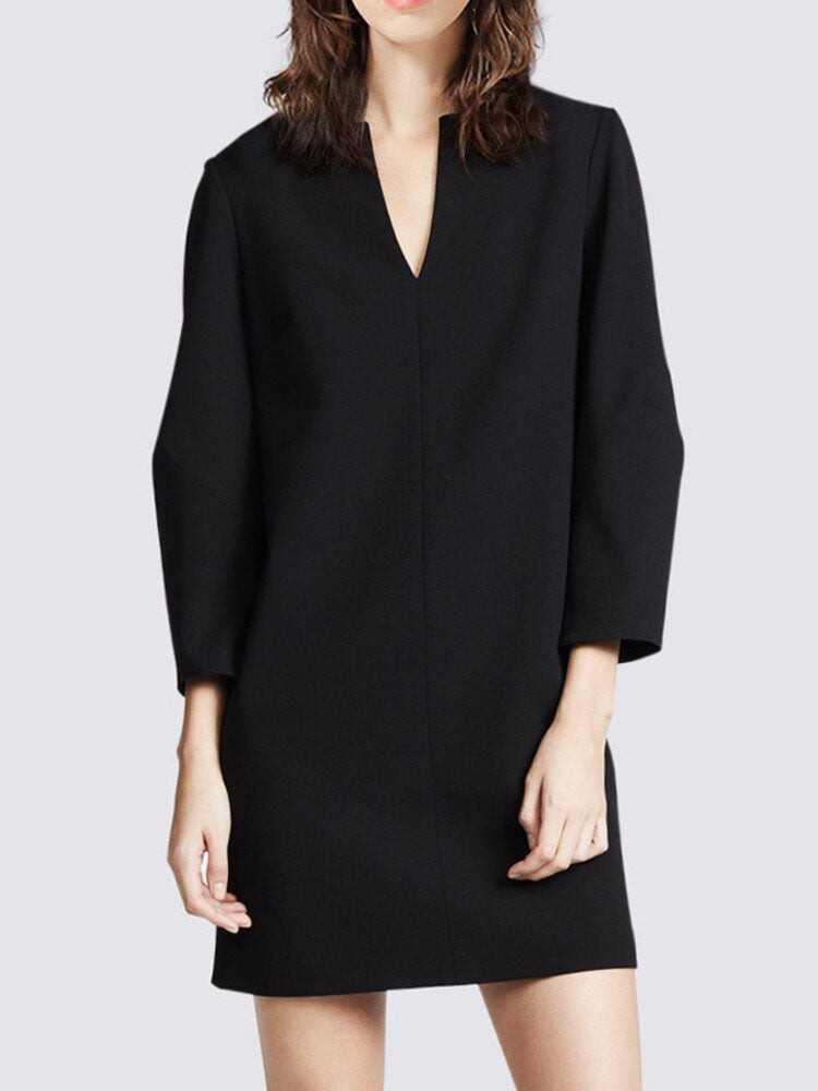 Fashion Women's Dress New V-neck Loose Solid Color Wrist Sleeve Above Knee Dresses Female Temperament Autumn
