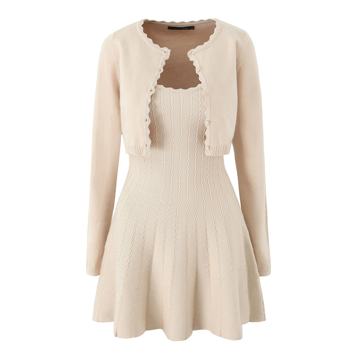 Two piece set of wavy edge knitted sweater with waistband and suspender dress