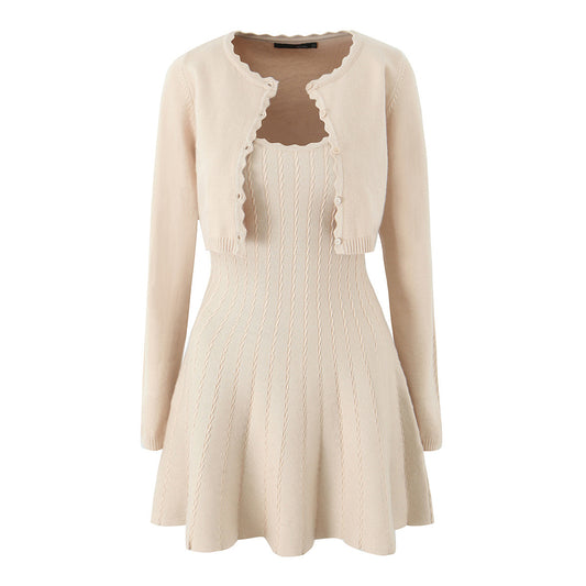 Two piece set of wavy edge knitted sweater with waistband and suspender dress