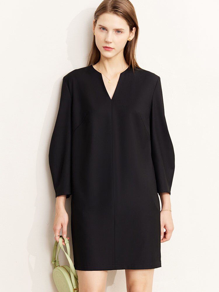 Fashion Women's Dress New V-neck Loose Solid Color Wrist Sleeve Above Knee Dresses Female Temperament Autumn