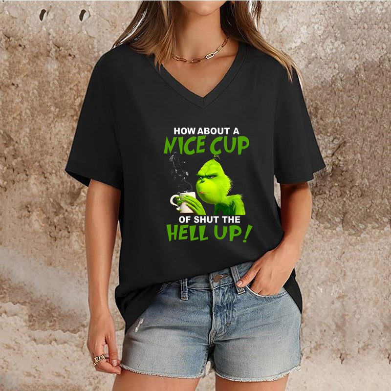 Women's Top V-neck Short Sleeve Pure Color Ladies' Christmas V-neck T-shirt