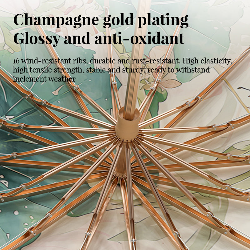 16-rib color rubber & gold aluminum alloy frame: new Chinese retro folding umbrella with sun protection and UV resistance.