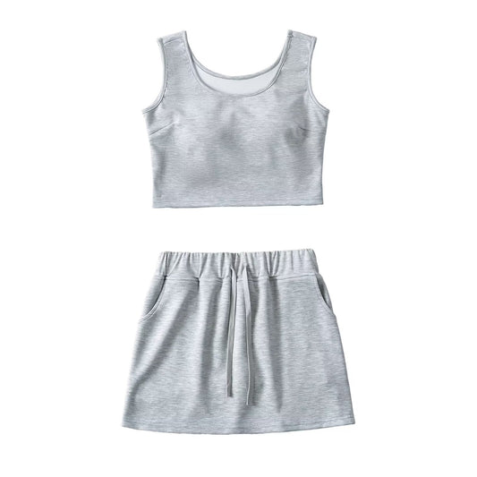 Tailored short vest with chest cushion and drawstring high waisted skirt